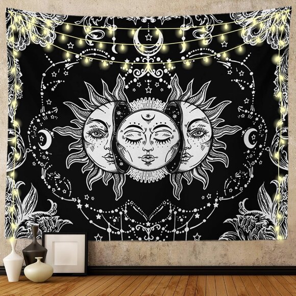 Sun and Moon Tapestry, Black and White Tapestries Mystic Burning Sun with Star W - Picture 1 of 9